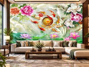 Tranh Dán Tường Phòng Khách Cửu Ngư Cá Koi Hoa Mẫu Đơn Sang Trọng DS638251