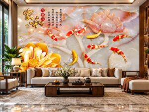 Tranh Dán Tường Phòng Khách Cửu Ngư Cá Koi Hoa Sen Sang Trọng DS417863