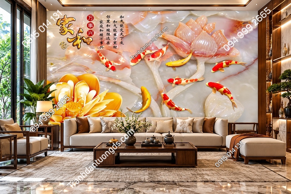 Tranh Dán Tường Phòng Khách Cửu Ngư Cá Koi Hoa Sen Sang Trọng DS417863