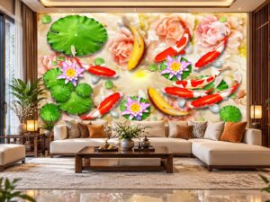 Tranh Dán Tường Phòng Khách Cửu Ngư Hoa Sen 3D Nghệ Thuật DS638417