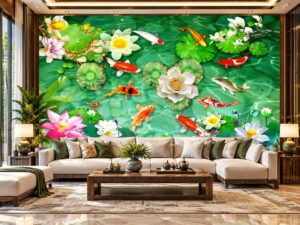Tranh Dán Tường Phòng Khách Cửu Ngư Hoa Sen Phong Thủy DS583742