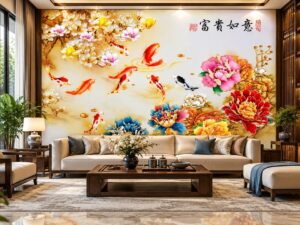 Tranh Dán Tường Phòng Khách Cửu Ngư Quần Hội Hoa Mẫu Đơn Phú Quý DS582417