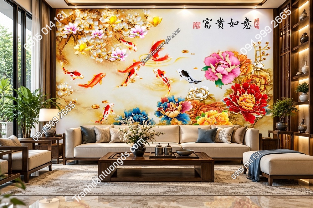 Tranh Dán Tường Phòng Khách Cửu Ngư Quần Hội Hoa Mẫu Đơn Phú Quý DS582417