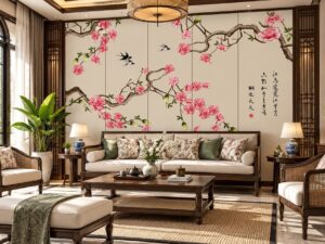 Tranh Dán Tường Phòng Khách Hoa Đào Chim Én Phong Cách Indochine DS684217