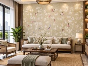 Tranh Dán Tường Phòng Khách Indochine Cành Trúc Chim Cảnh DS583742