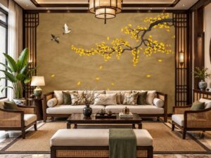 Tranh Dán Tường Phòng Khách Indochine Cây Lá Vàng Chim DS583741