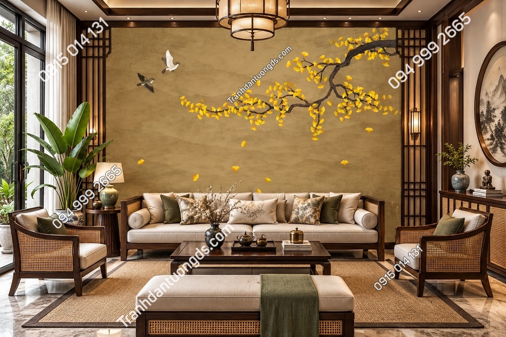Tranh Dán Tường Phòng Khách Indochine Cây Lá Vàng Chim DS583741