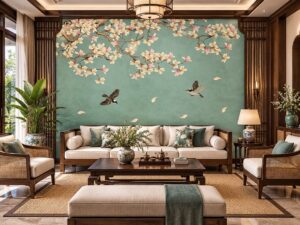 Tranh Dán Tường Phòng Khách Indochine Hoa Mộc Lan Chim – DS583214