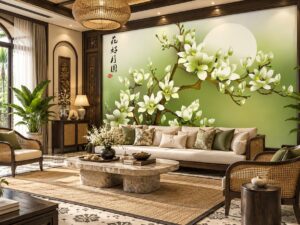 Tranh Dán Tường Phòng Khách Indochine Hoa Mộc Lan Trắng Trang Trí DS583214