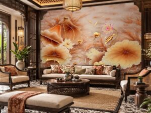 Tranh Dán Tường Phòng Khách Indochine Hoa Sen Cá Chép Vàng DS684217