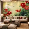 Tranh Dán Tường Phòng Khách Indochine Hoa Sen Hạc DS731846