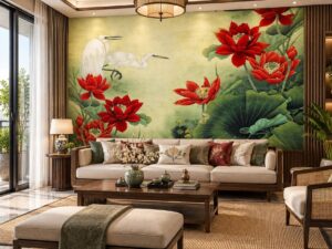 Tranh Dán Tường Phòng Khách Indochine Hoa Sen Hạc DS731846
