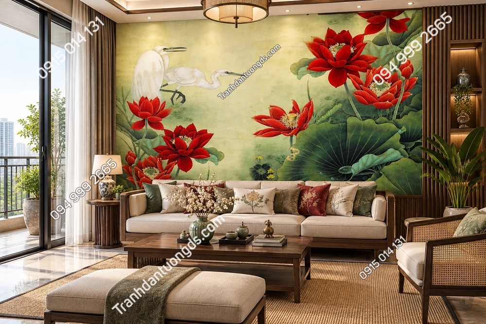 Tranh Dán Tường Phòng Khách Indochine Hoa Sen Hạc DS731846