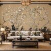 Tranh Dán Tường Phòng Khách Indochine Hoa Trắng Phong Cảnh Sơn Thủy DS741526