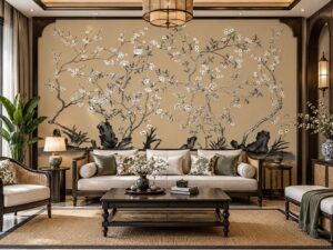 Tranh Dán Tường Phòng Khách Indochine Hoa Trắng Phong Cảnh Sơn Thủy DS741526