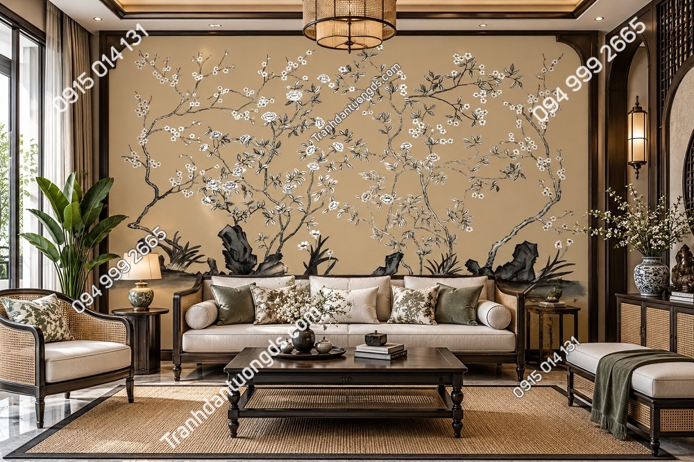 Tranh Dán Tường Phòng Khách Indochine Hoa Trắng Phong Cảnh Sơn Thủy DS741526