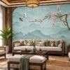 Tranh Dán Tường Phòng Khách Indochine Sơn Thủy Hoa Đào Và Chim DS824615