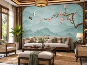 Tranh Dán Tường Phòng Khách Indochine Sơn Thủy Hoa Đào Và Chim DS824615