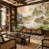 Tranh Dán Tường Phòng Khách Indochine Sơn Thủy Hoa Sen Chim Hạc DS583214