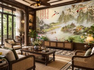 Tranh Dán Tường Phòng Khách Indochine Sơn Thủy Hoa Sen Chim Hạc DS583214