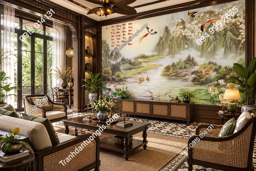 Tranh Dán Tường Phòng Khách Indochine Sơn Thủy Hoa Sen Chim Hạc DS583214