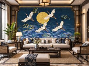 Tranh Dán Tường Phòng Khách Phong Cách Indochine Hạc Và Trăng DS583741