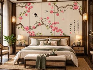 Tranh Dán Tường Phòng Ngủ Hoa Đào Chim Én Phong Cách Á Đông DS742581