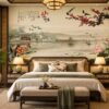 Tranh Dán Tường Phòng Ngủ Indochine Cành Đào Chim Hạc Hồ Sen Sơn Thủy DS824617