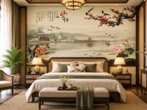 Tranh Dán Tường Phòng Ngủ Indochine Cành Đào Chim Hạc Hồ Sen Sơn Thủy DS824617