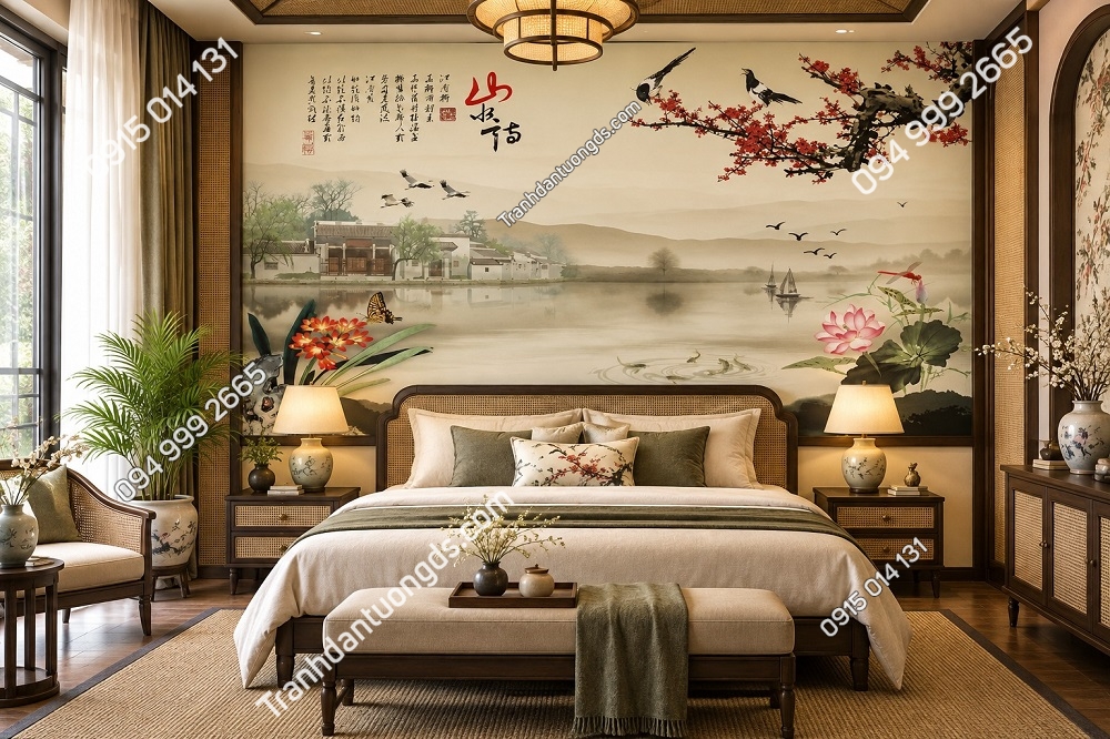 Tranh Dán Tường Phòng Ngủ Indochine Cành Đào Chim Hạc Hồ Sen Sơn Thủy DS824617