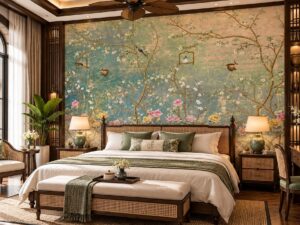 Tranh Dán Tường Phòng Ngủ Indochine Hoa Chim Nhiệt Đới Tropical DS742681