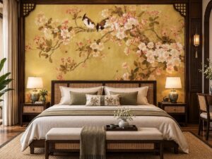Tranh Dán Tường Phòng Ngủ Indochine Hoa Đào Chim Nghệ Thuật DS724381