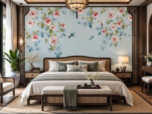 Tranh Dán Tường Phòng Ngủ Indochine Hoa Hồng Chim Cành Xanh DS742581