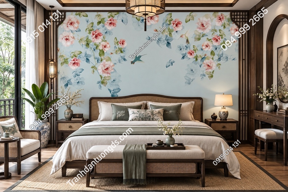 Tranh Dán Tường Phòng Ngủ Indochine Hoa Hồng Chim Cành Xanh DS742581