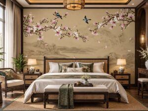 Tranh Dán Tường Phòng Ngủ Indochine Hoa Magnolia Chim Phong Cảnh Sơn Thủy DS916428
