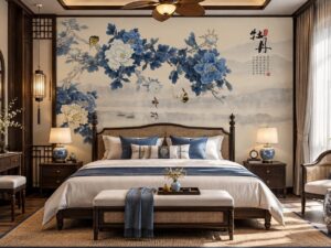 Tranh Dán Tường Phòng Ngủ Indochine Hoa Mẫu Đơn Chim Núi Non DS741526