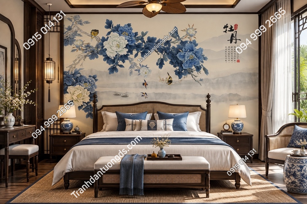 Tranh Dán Tường Phòng Ngủ Indochine Hoa Mẫu Đơn Chim Núi Non DS741526