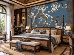 Tranh Dán Tường Phòng Ngủ Indochine Hoa Mộc Lan Chim Châu Á DS583214