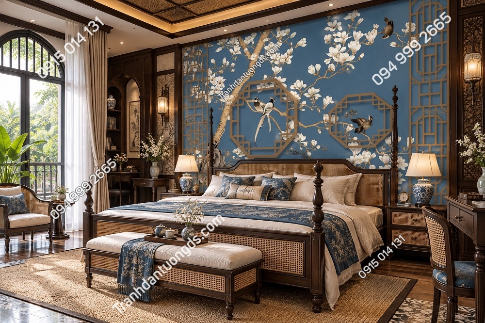 Tranh Dán Tường Phòng Ngủ Indochine Hoa Mộc Lan Chim Châu Á DS583214