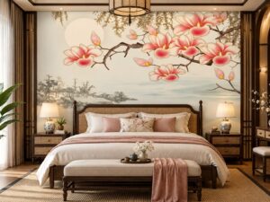 Tranh Dán Tường Phòng Ngủ Indochine Hoa Mộc Lan Hồng Phong Cảnh Sơn Thủy DS741583