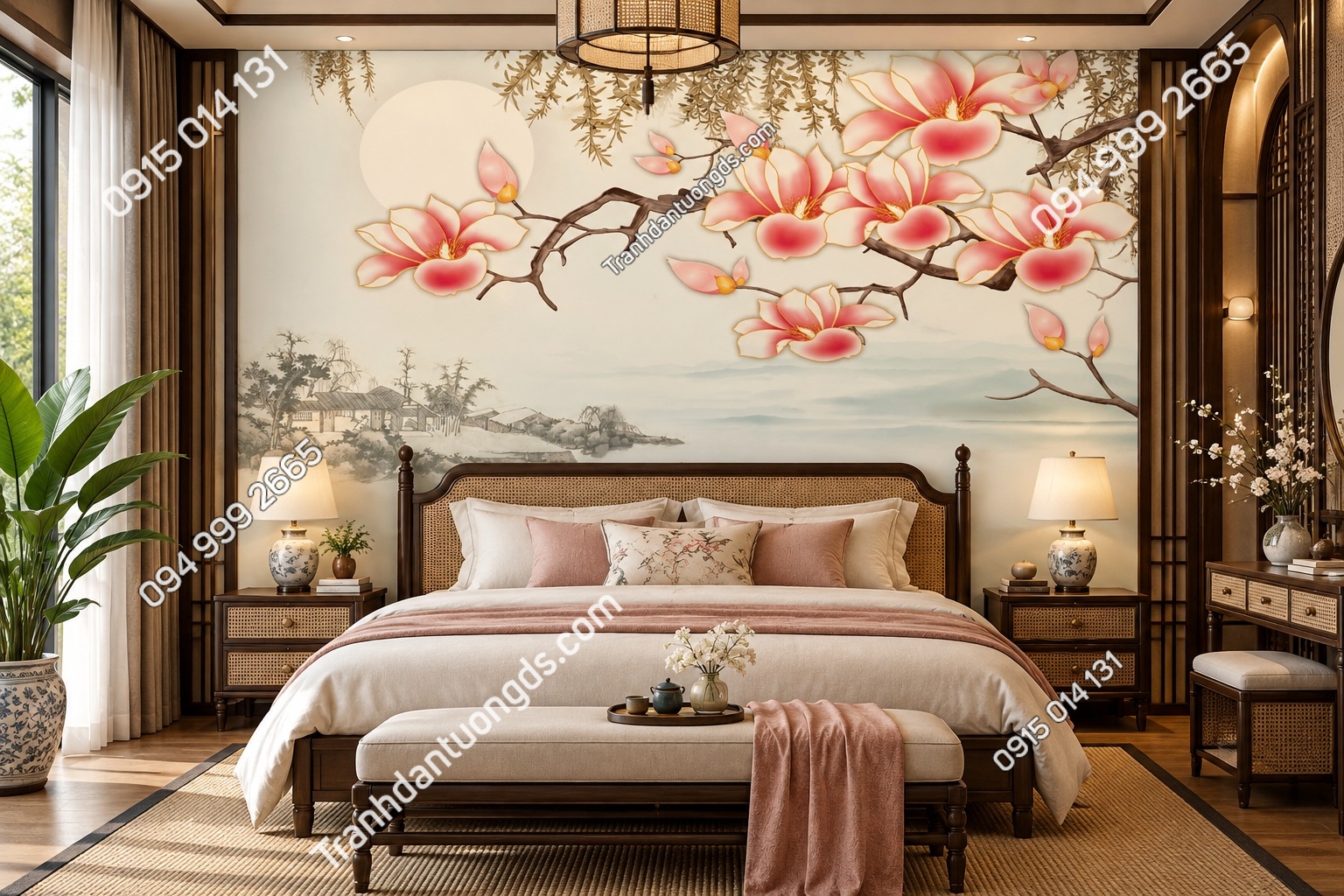Tranh Dán Tường Phòng Ngủ Indochine Hoa Mộc Lan Hồng Phong Cảnh Sơn Thủy DS741583