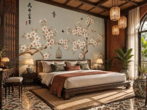 Tranh Dán Tường Phòng Ngủ Indochine Hoa Trắng Chim Lồng Chim DS846217