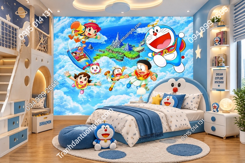 Tranh Dán Tường Phòng Ngủ Trẻ Em Doraemon Đảo Biển Bầu Trời 33997