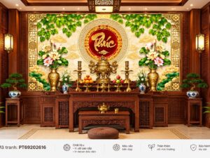 Tranh Dán Tường Phòng Thờ Chữ Phúc Hoa Sen Phú Quý PT69202616