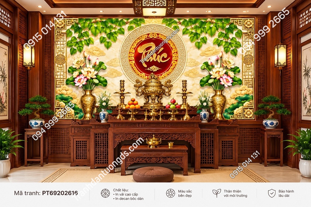 Tranh Dán Tường Phòng Thờ Chữ Phúc Hoa Sen Phú Quý PT69202616