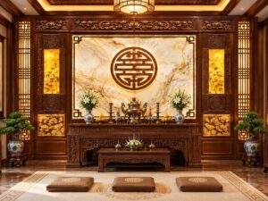 Tranh Dán Tường Phòng Thờ Chữ Thọ Hoa Sen Phong Cách Á Đông DS614827