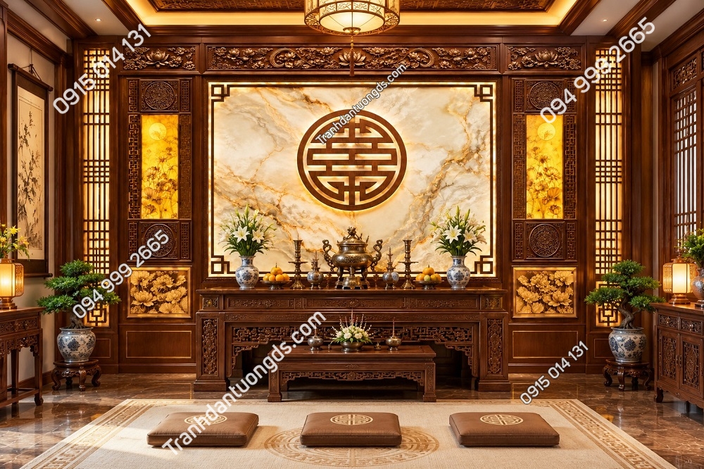 Tranh Dán Tường Phòng Thờ Chữ Thọ Hoa Sen Phong Cách Á Đông DS614827