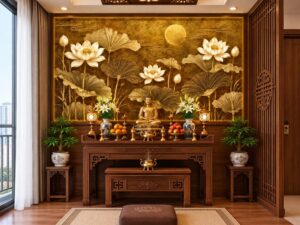Tranh Dán Tường Phòng Thờ Chung Cư Hoa Sen Trăng Vàng PT69202620