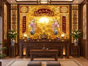 Tranh Dán Tường Phòng Thờ Đức Lưu Quang Hoa Sen Trúc Chỉ DS614782