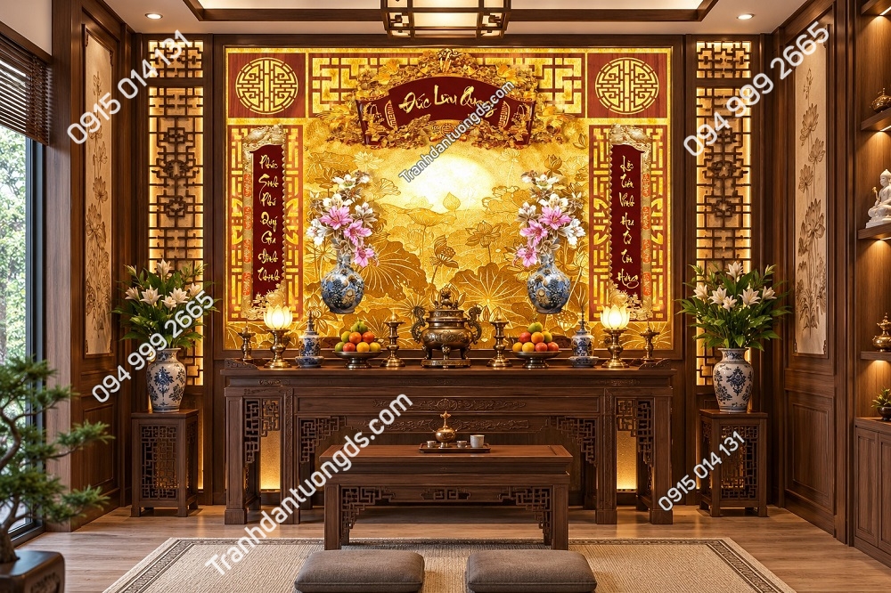Tranh Dán Tường Phòng Thờ Đức Lưu Quang Hoa Sen Trúc Chỉ DS614782